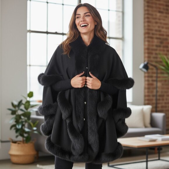 Designer Bloomingdales Black Wool & Fox Fur Trim Snap Front Cape Coat M/L - Picture 6 of 14